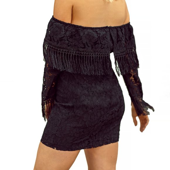 STUNNING Off the shoulder lace mini dress with fringe trim in black - Picture 4 of 4